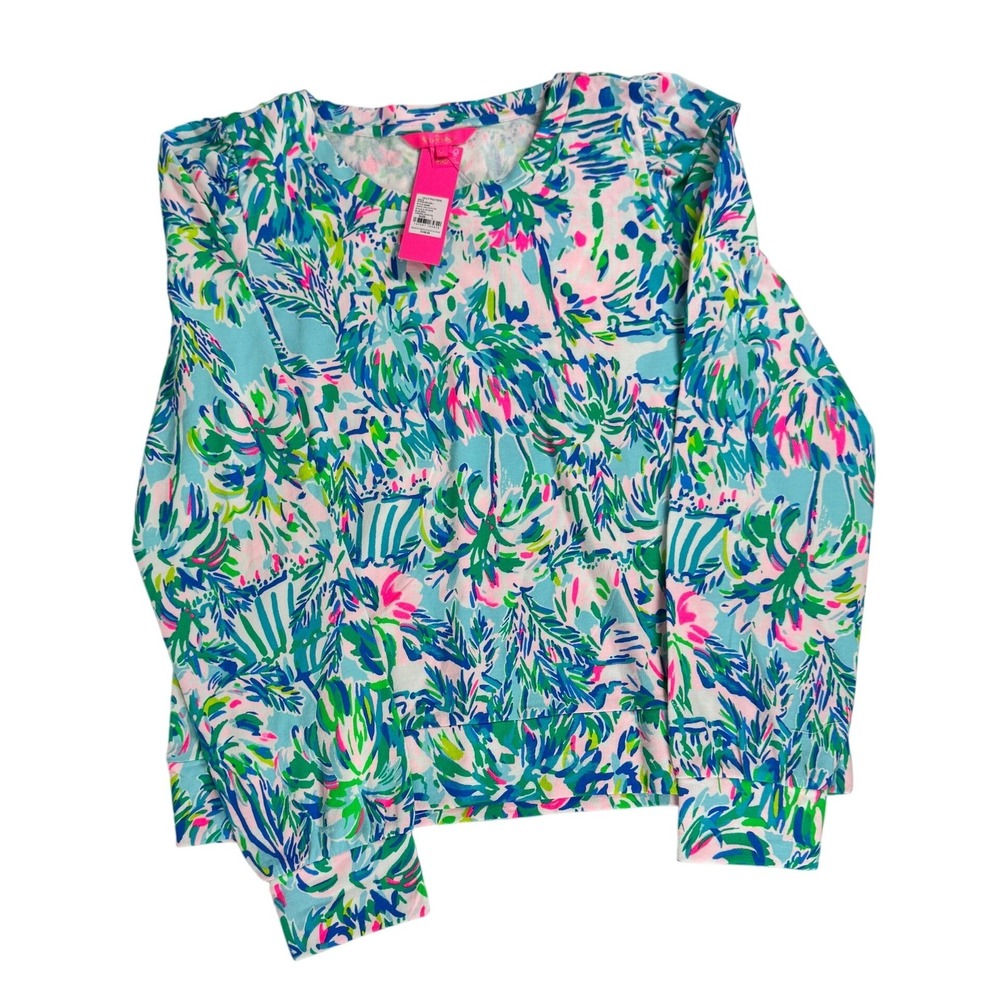 Lilly Pulitzer Jansen Sweatshirt Womens L Blue Ibiza Cabana Cocktail NWT Puff